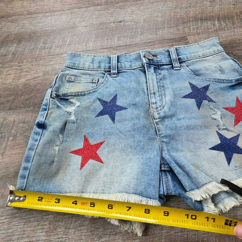 NWT Justice Size 16 girls' denim shorts w/red and blue stars and distress wear l - Picture 7 of 10